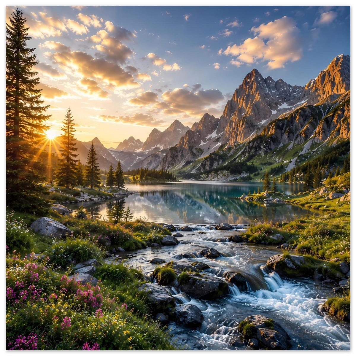 Landschafts-Poster mit Bergen, klarem See und Felsbach bei Sonnenaufgang