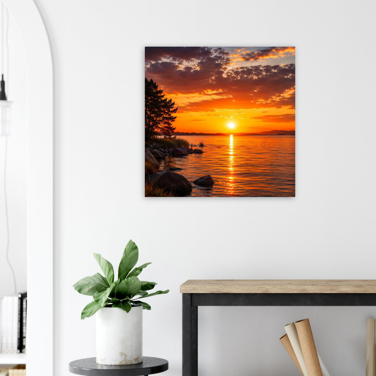 Quadratisches Poster mit Sonnenuntergang über See und goldenem Licht, Naturmotiv