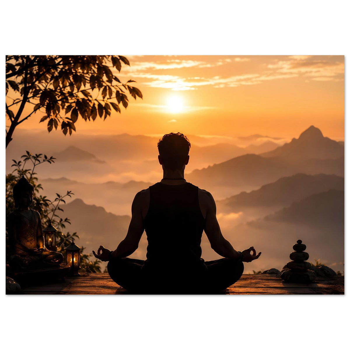 Horizontales Meditationsposter mit Silhouette im Schneidersitz bei Sonnenaufgang über Bergen