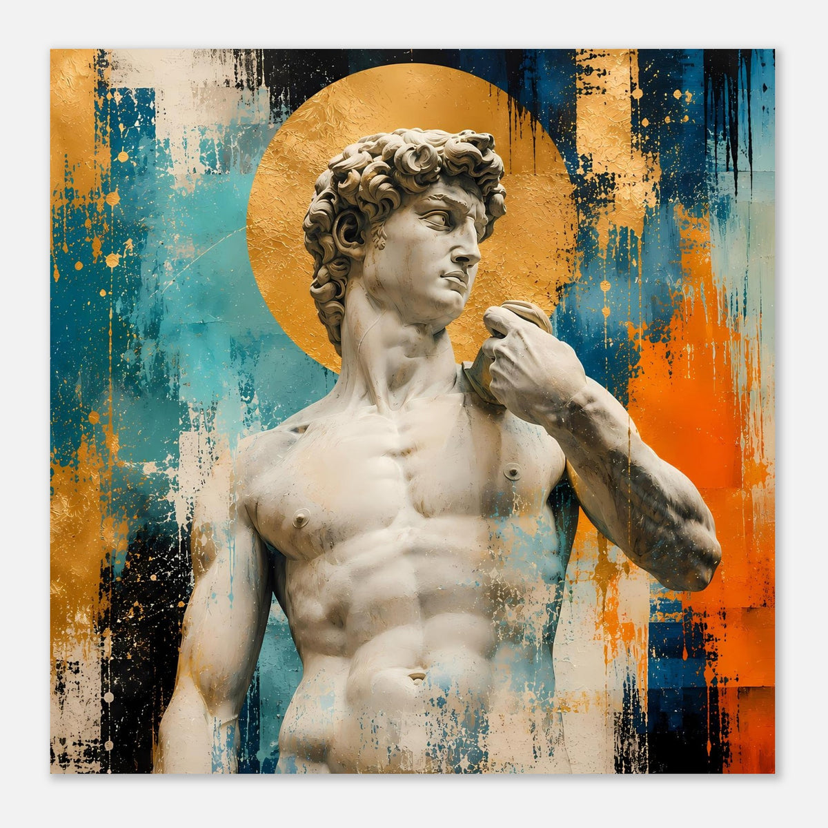 Nahaufnahme des Posters: Michelangelos David im goldenem Kreis, Gesicht und Oberkörper im Fokus
