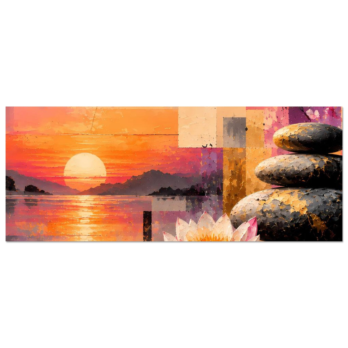Horizontales Poster: Sonnenuntergang, Lotusblüte unten, Zen-Steine rechts, farbige Collage