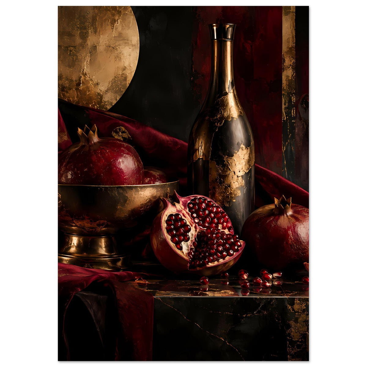 Hochformat-Poster mit Granatäpfeln, aufgeschnittener Frucht, goldener Schale und Flasche