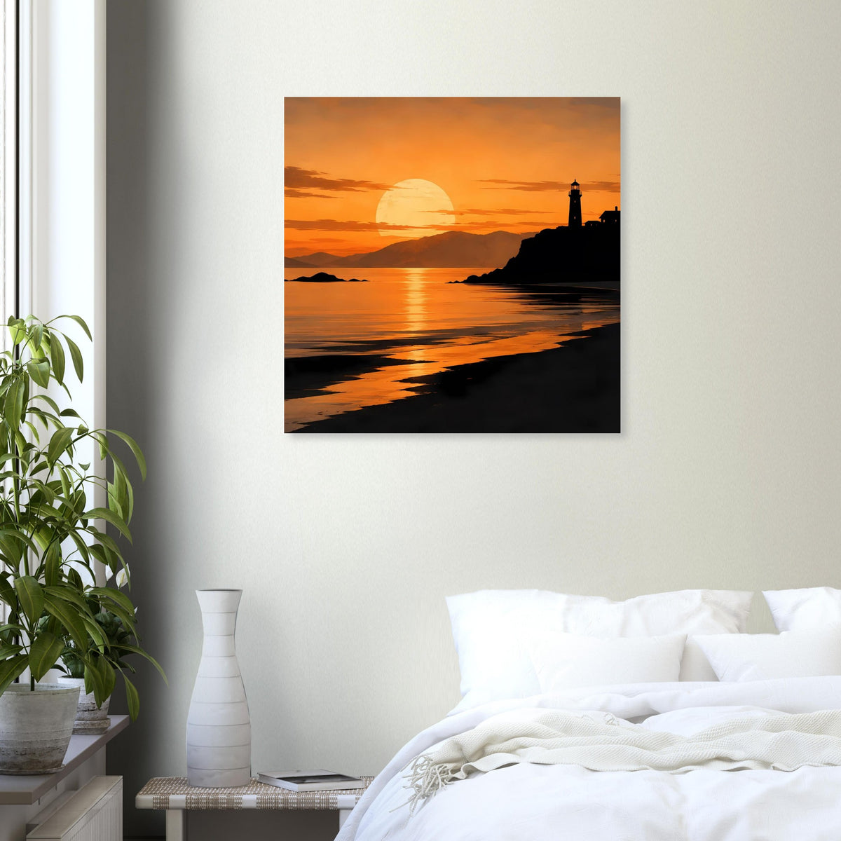 Küstenposter mit Sonnenuntergang über dem Meer und silhouettierter Leuchtturmform