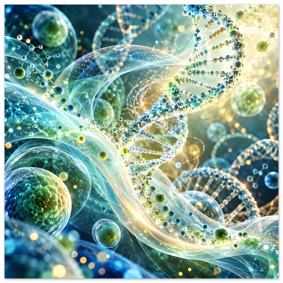 Poster mit leuchtender DNA-Doppelhelix und schwebenden Kügelchen in Blau, Grün und Gelb