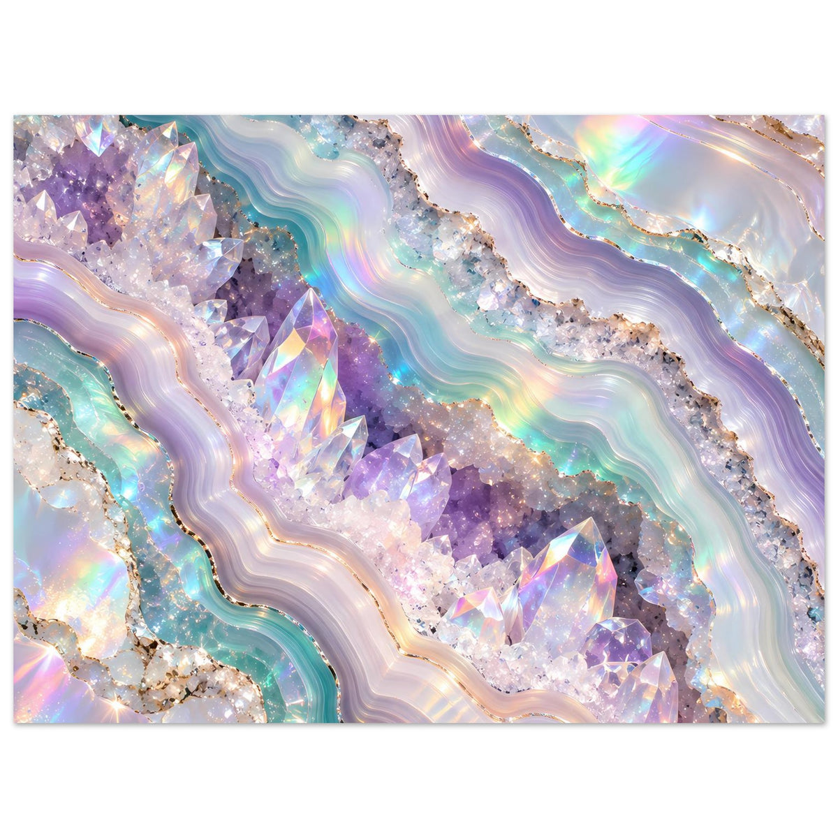 Holografisches Geode-Kristallposter, waagerecht: türkis-lila Wellenlinien und glänzende Kristalle