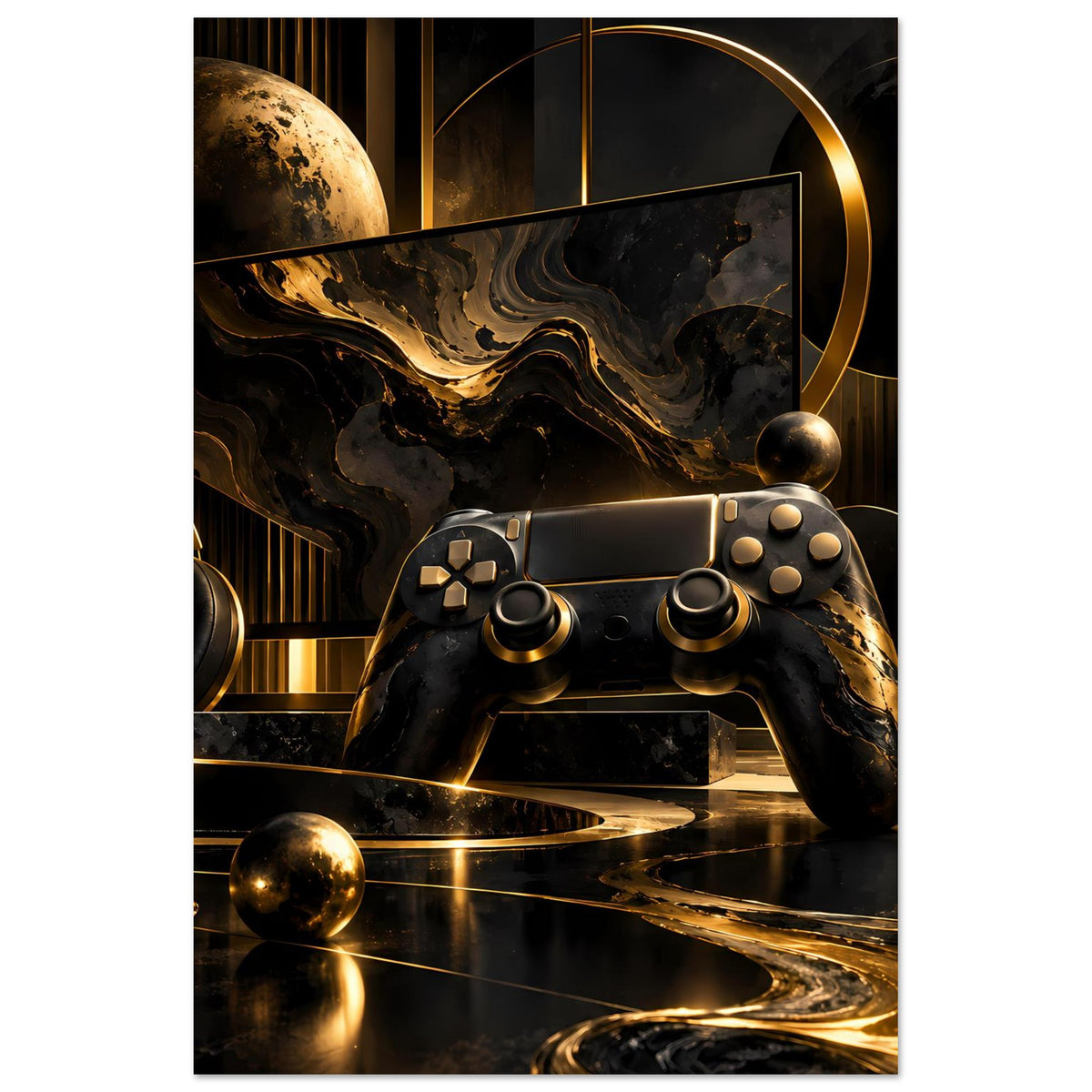 Gaming-Poster mit Gamecontroller in Schwarz und Gold, abstrakte Ringe und Sphäre