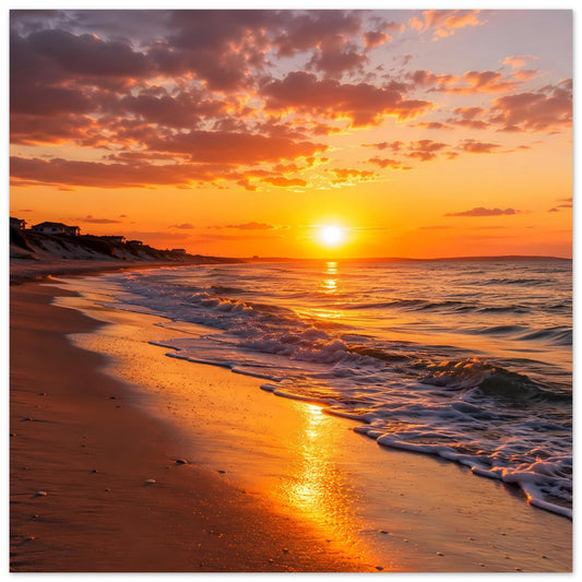 Poster mit Sonnenuntergang am Sandstrand, goldene Sonne über dem Meer und Wellen