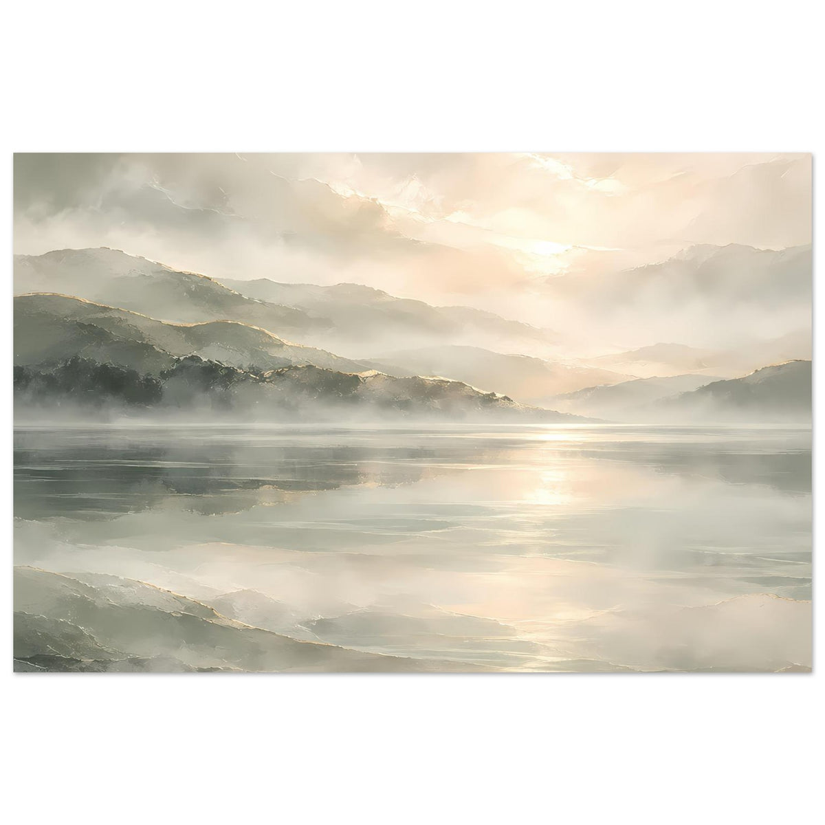 Kunstdruck Poster mit nebliger Berg- und Seeansicht, warmes Sonnenlicht im Querformat