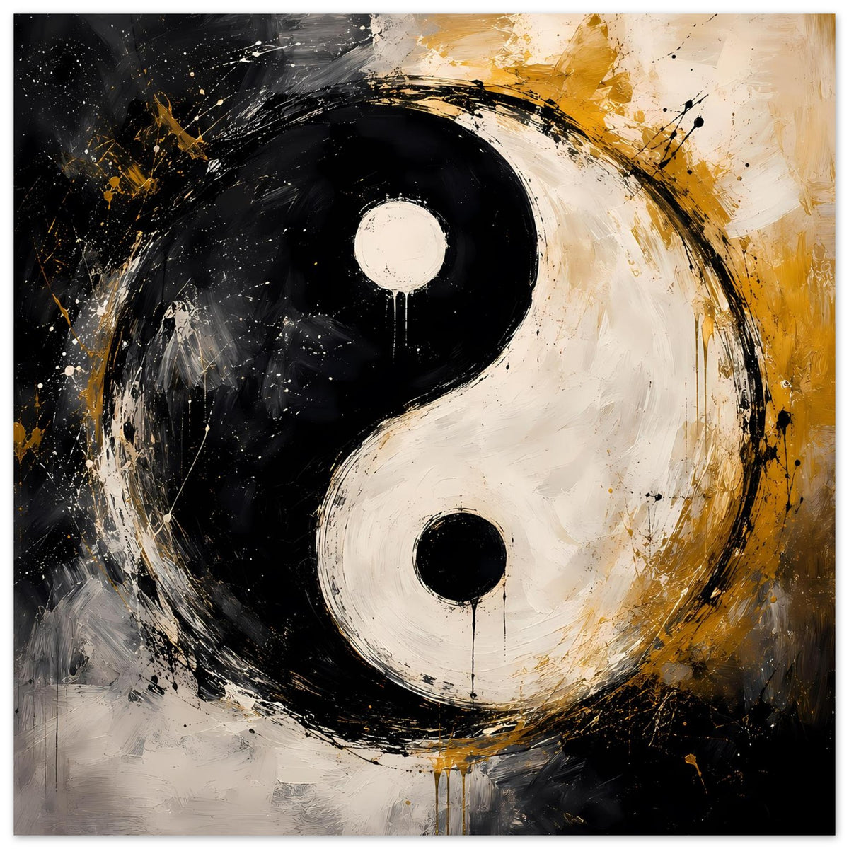 Abstraktes Yin-Yang-Poster, Tintenwirbel in Schwarz, Weiß und Gold mit goldenen Akzenten