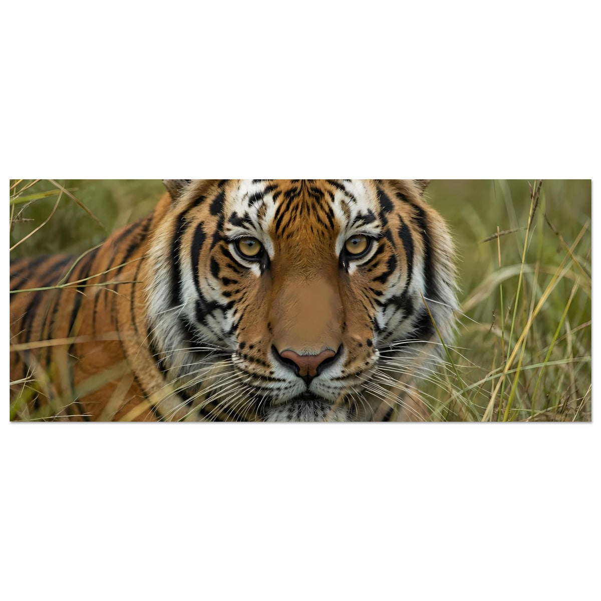 Wildtier-Poster, horizontal: Tigerkopf im Gras mit intensiven Augen und gestreifter Fellzeichnung