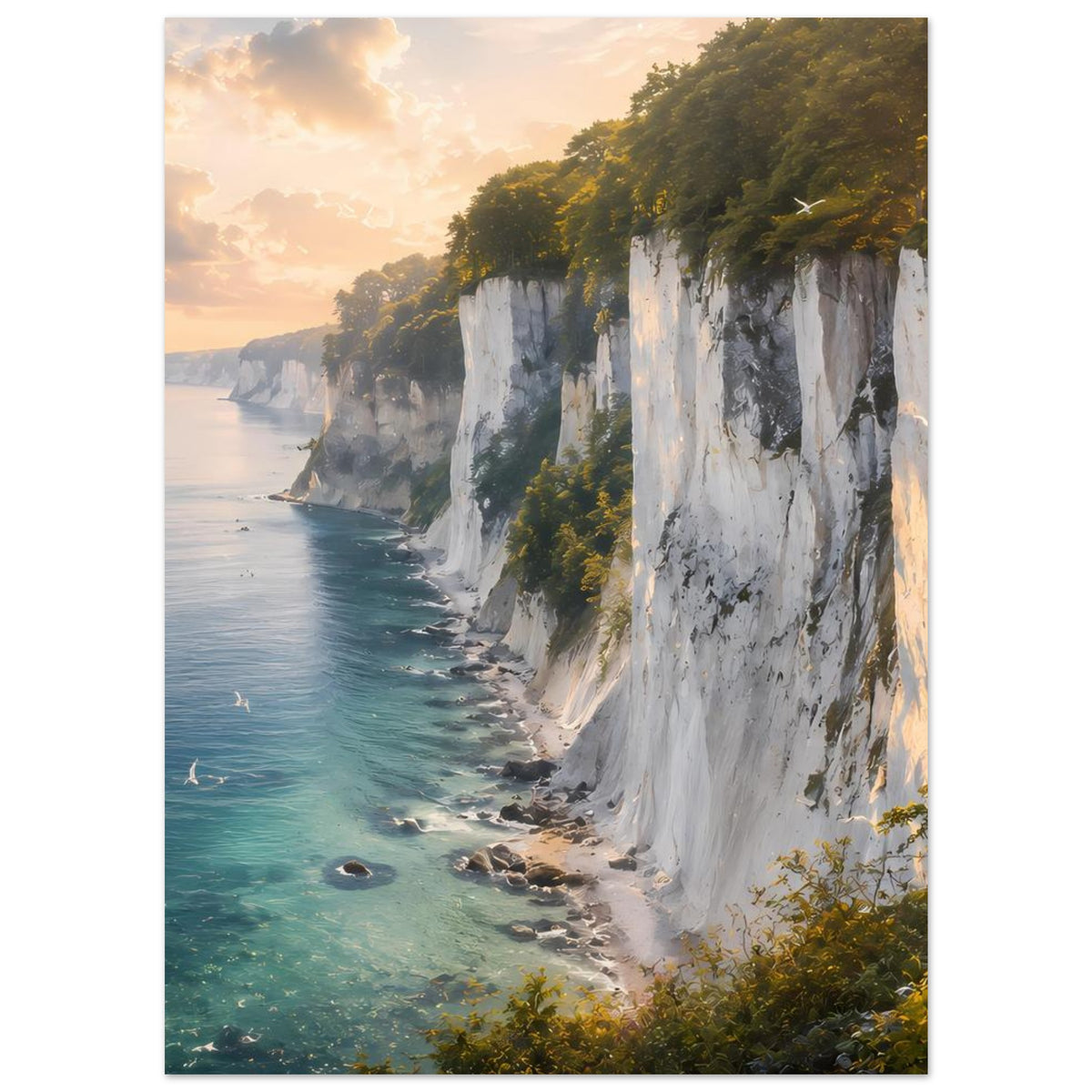Poster im Hochformat mit weißem Kreidefelsen, türkisblauer Küste und goldfarbenem Himmel