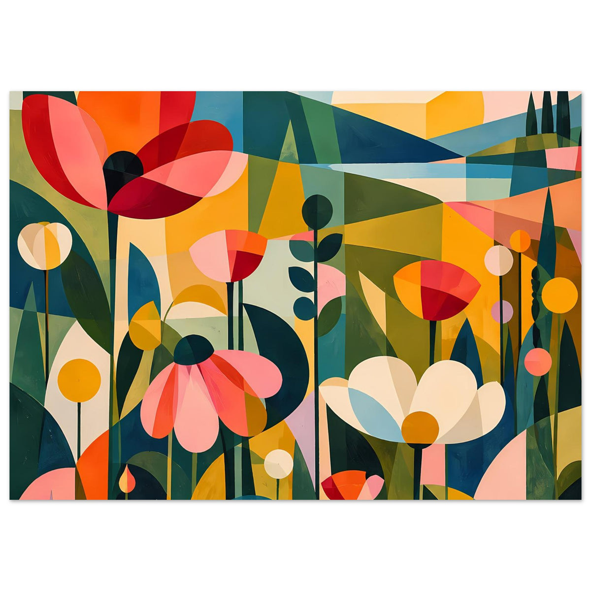 Abstraktes Blumenposter mit großen stilisierten Blüten und farbigen Linien, frontal fotografiert