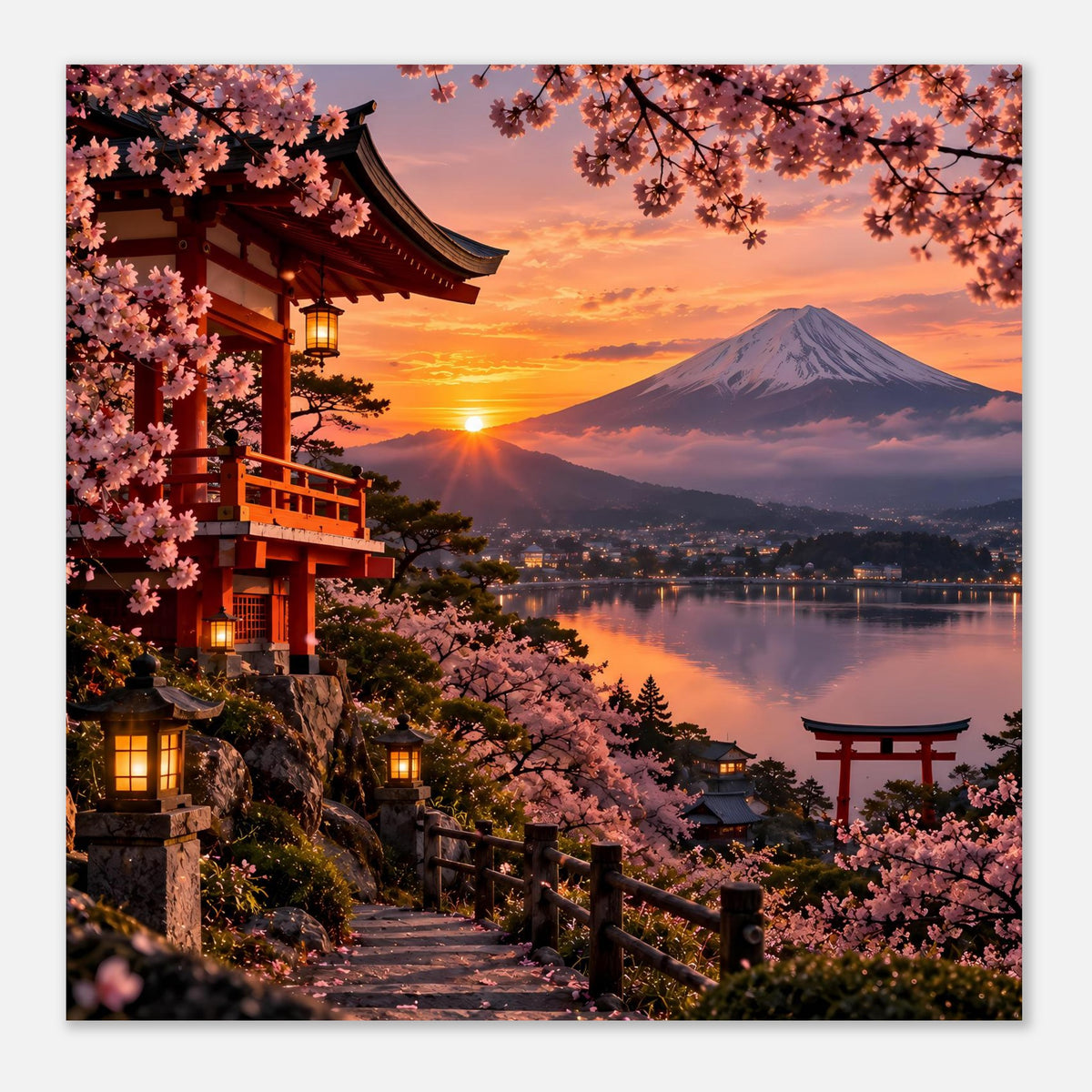 Premium-Poster mit Kirschblüten, Torii und Berg Fuji bei Sonnenuntergang, horizontal