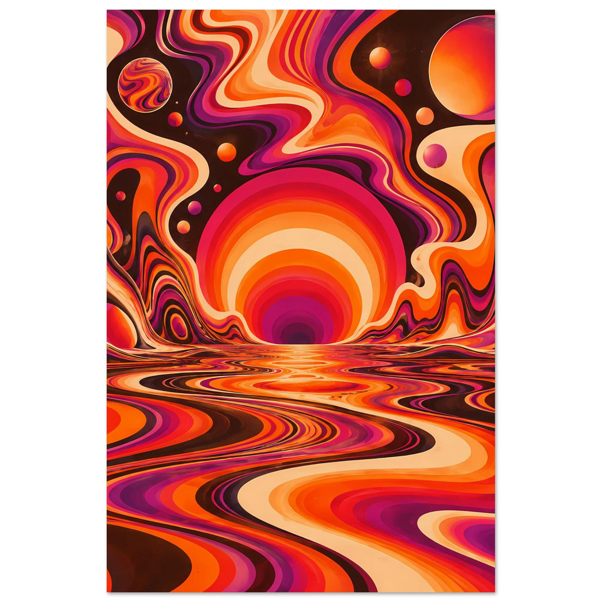 Vertikales Poster mit orange-violetten Wirbelbögen, großer Sonnen-Scheibe und Punkten