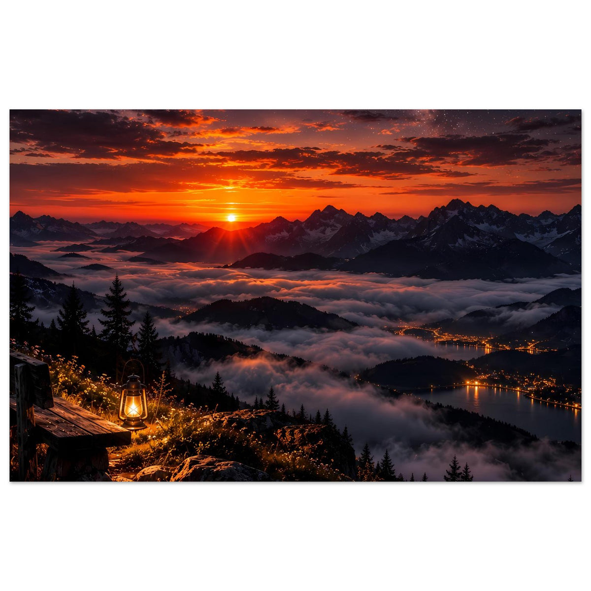 Landschaftsposter mit glühendem Sonnenuntergang, Bergen, Nebel und See bei Nacht, Laterne im Vordergrund