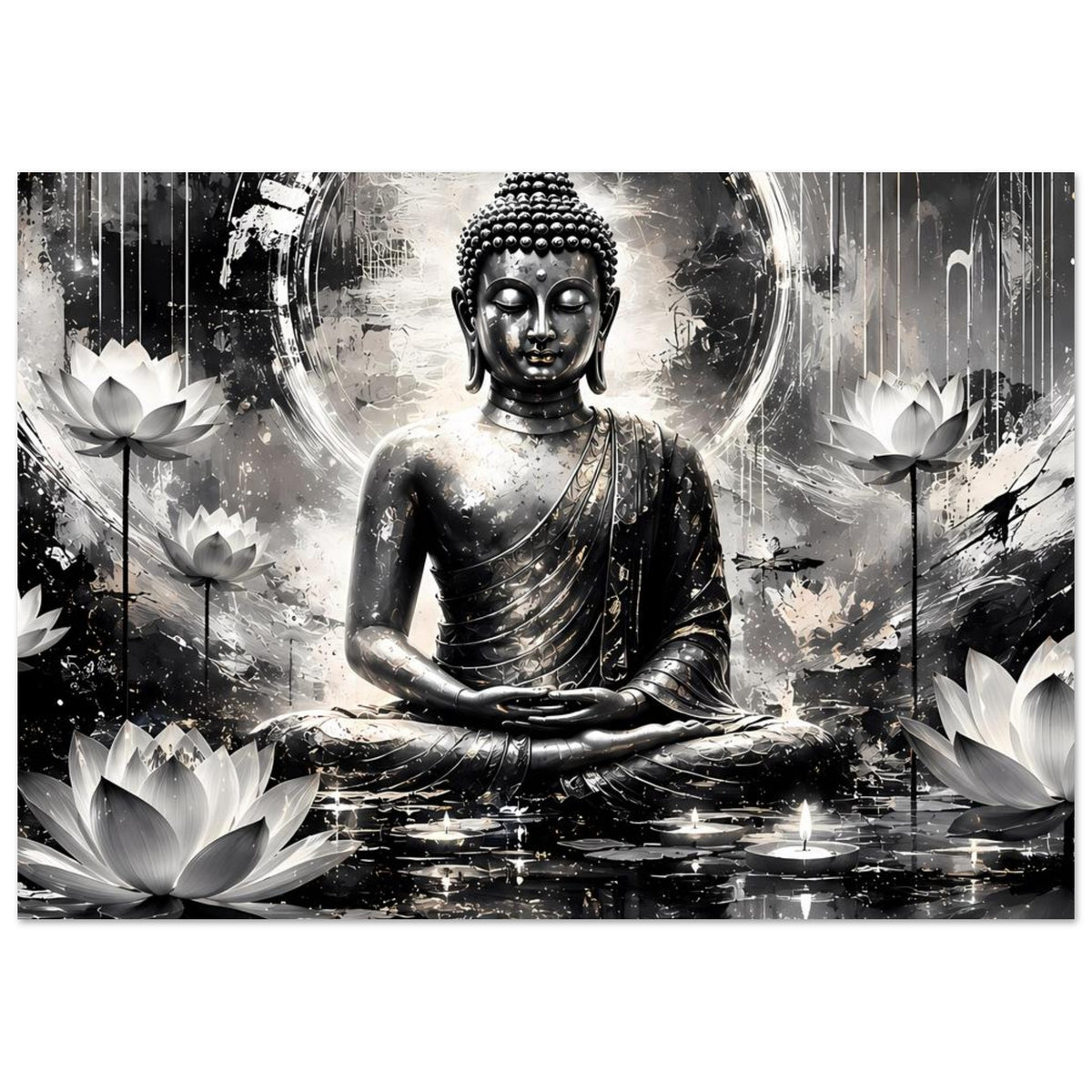 Kunstposter mit sitzendem Buddha, Schwarz-Weiß, Lichtring, Lotusblüten und Wasserreflexion