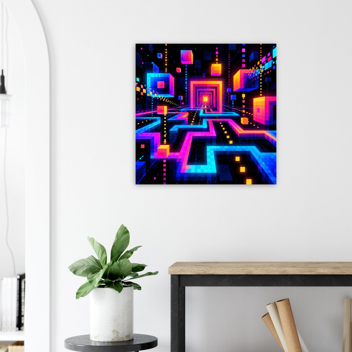 Quadratisches Neon-Labyrinth-Poster mit dreidimensional wirkendem Raster und Neonpfaden