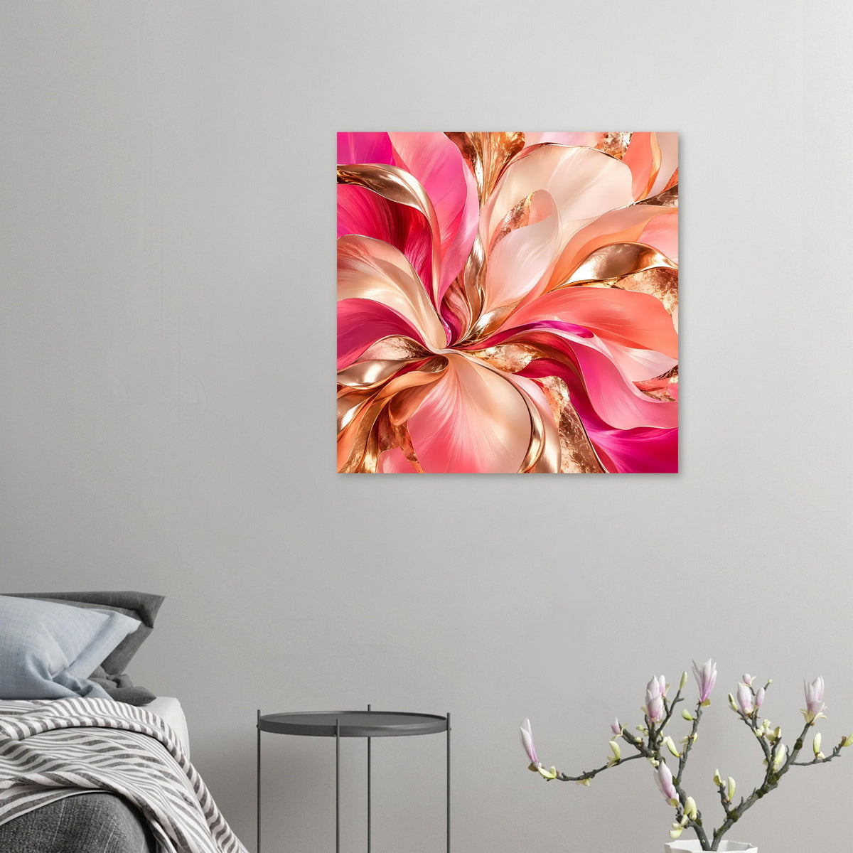 Kleines gerahmtes Abstrakt-Blumenposter mit pinken Wirbeln und goldenen Akzenten.