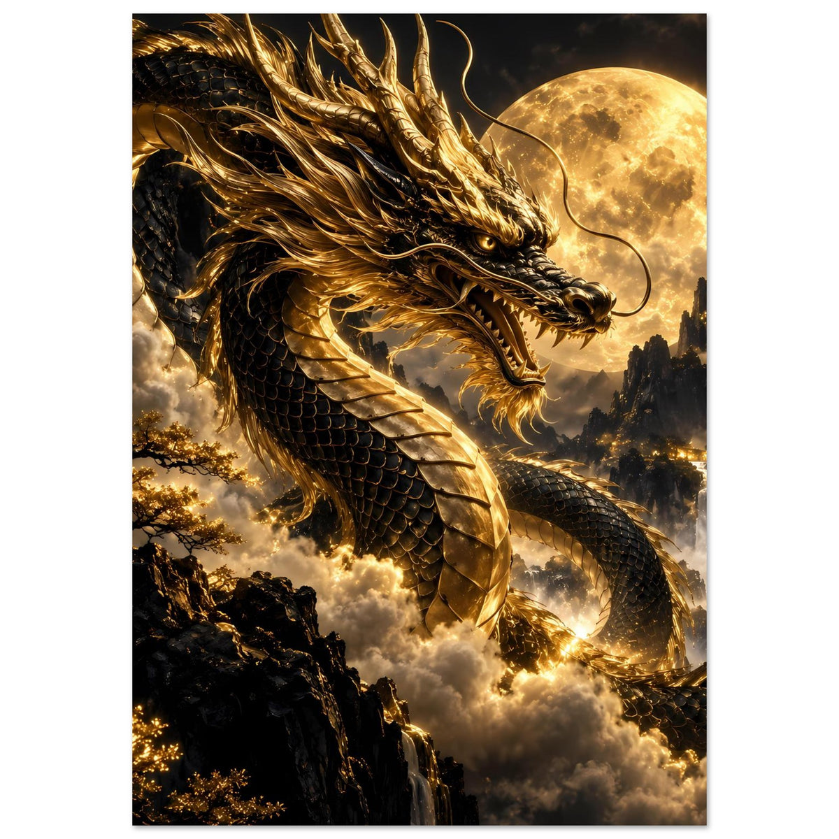Poster im Hochformat: goldener Drache über Wolken, Vollmond und ferne Türme