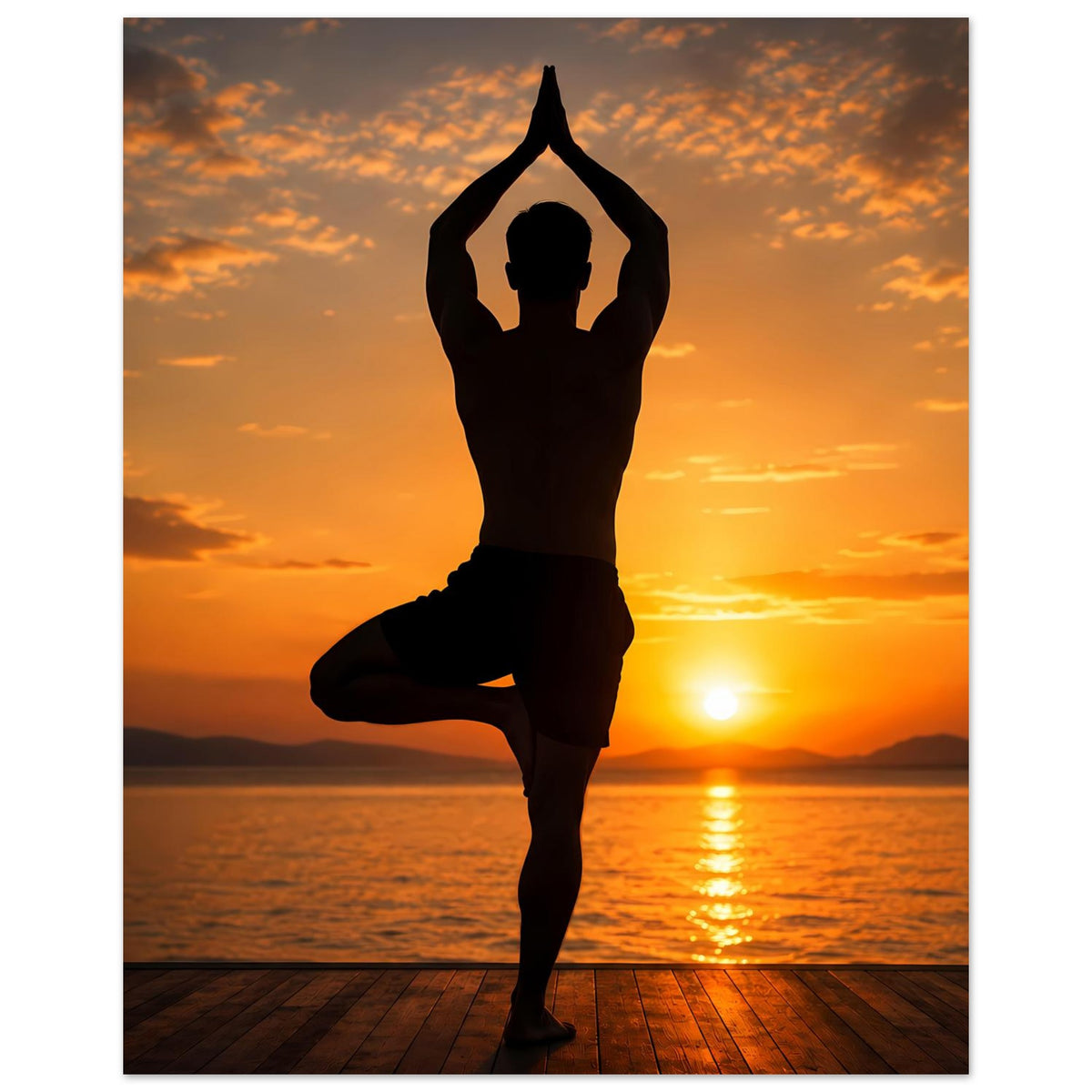 Wandposter, komplette Darstellung: Yoga-Silhouette balanciert auf einem Bein