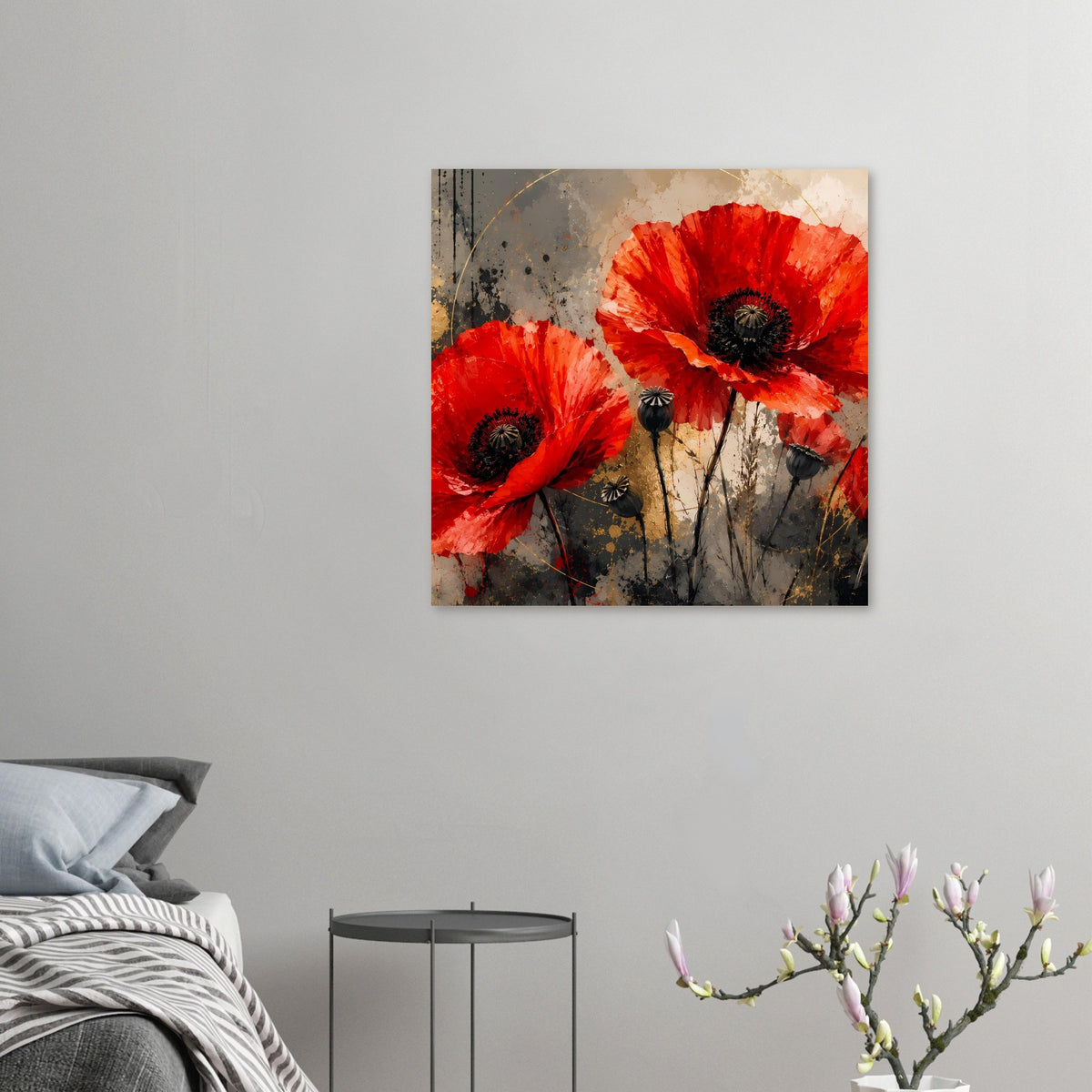 Quadratisches Wandposter mit roten Mohnblüten und schwarzen Samenköpfen auf grauem Grund