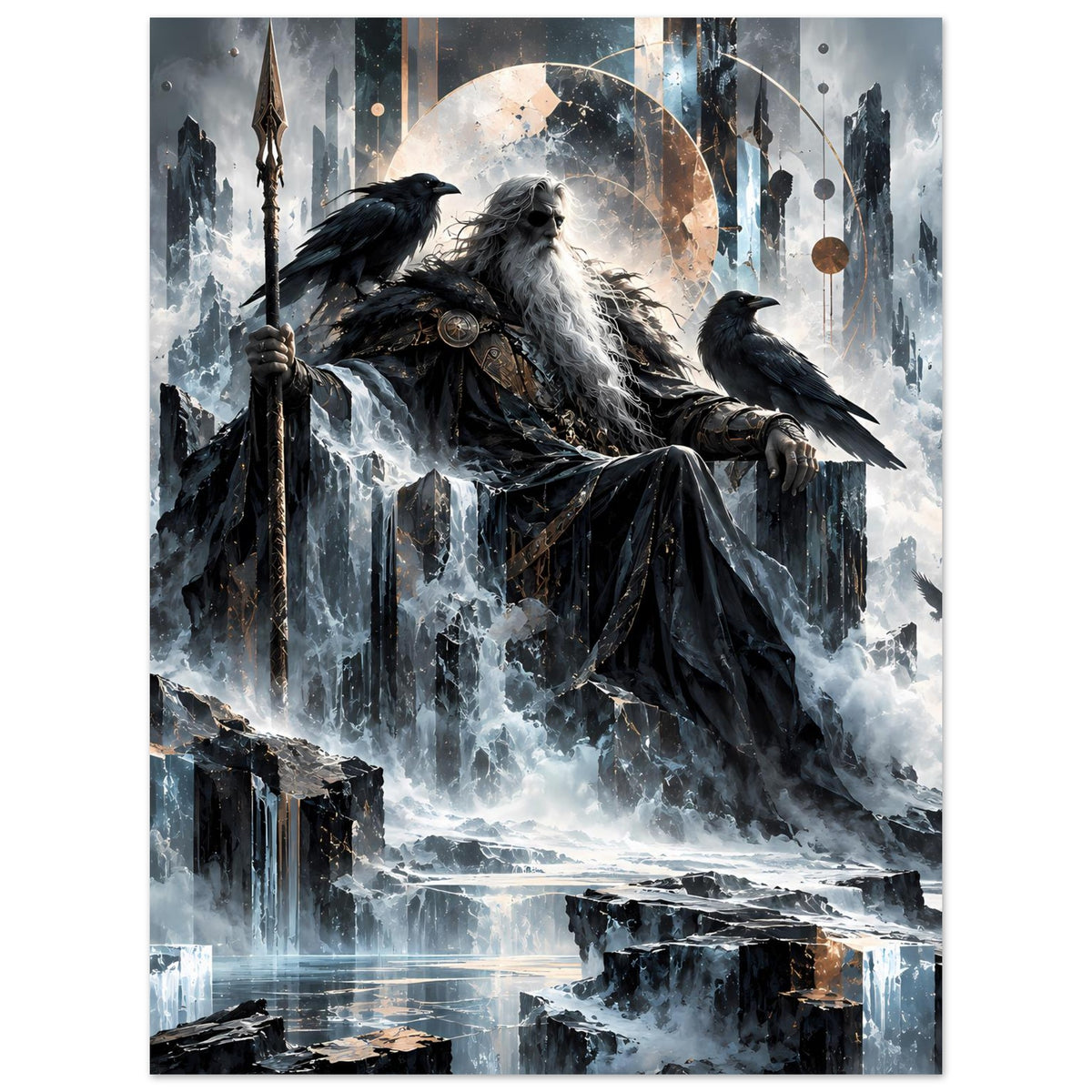 Mythologie-Poster: nordischer Gott auf Thron, schwarzer Rabe an der Seite, dunkler Umhang