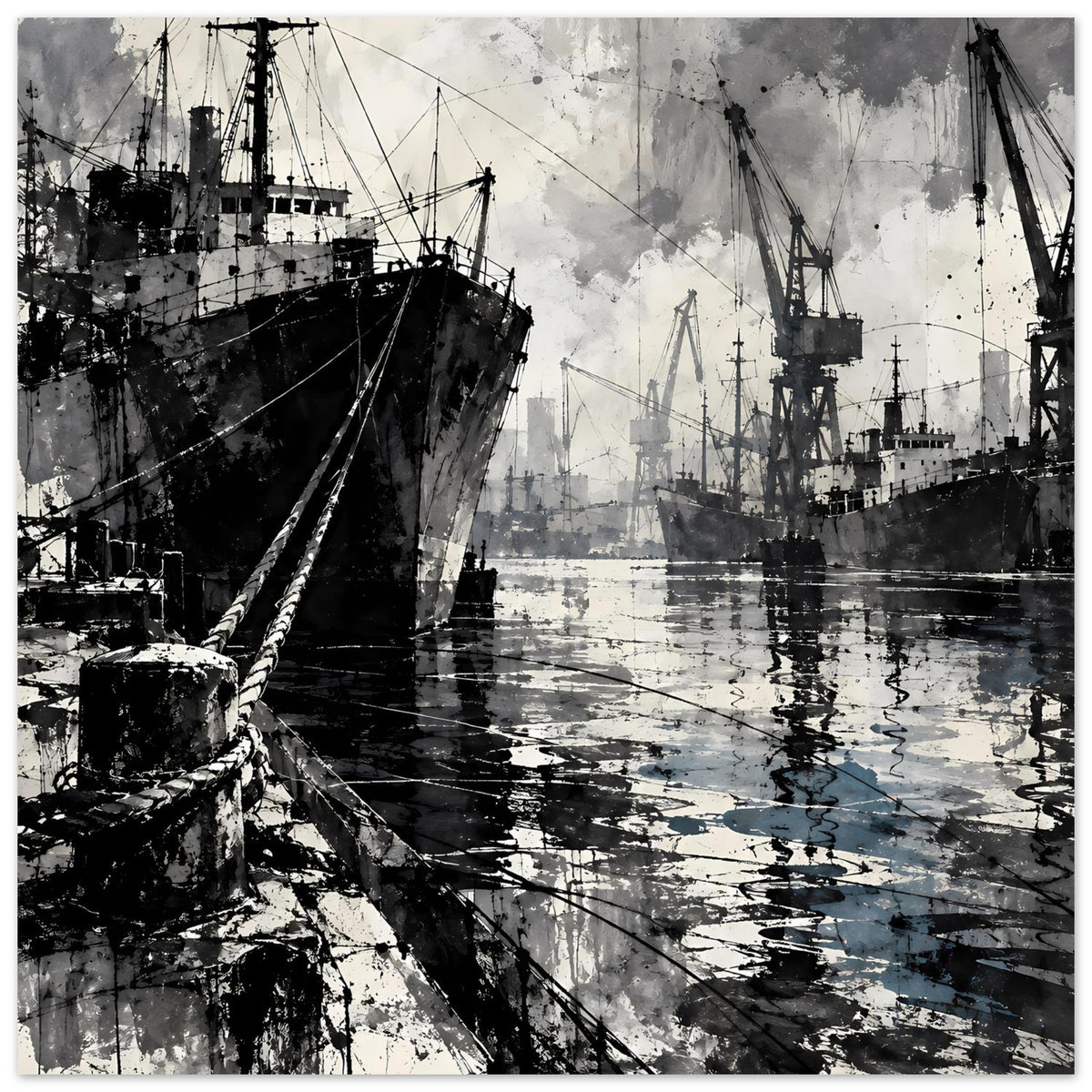 Poster mit dramatischer Hafen-Szene: Frachter links, zahlreiche Kräne rechts, Schwarz-Weiß-Reflexionen