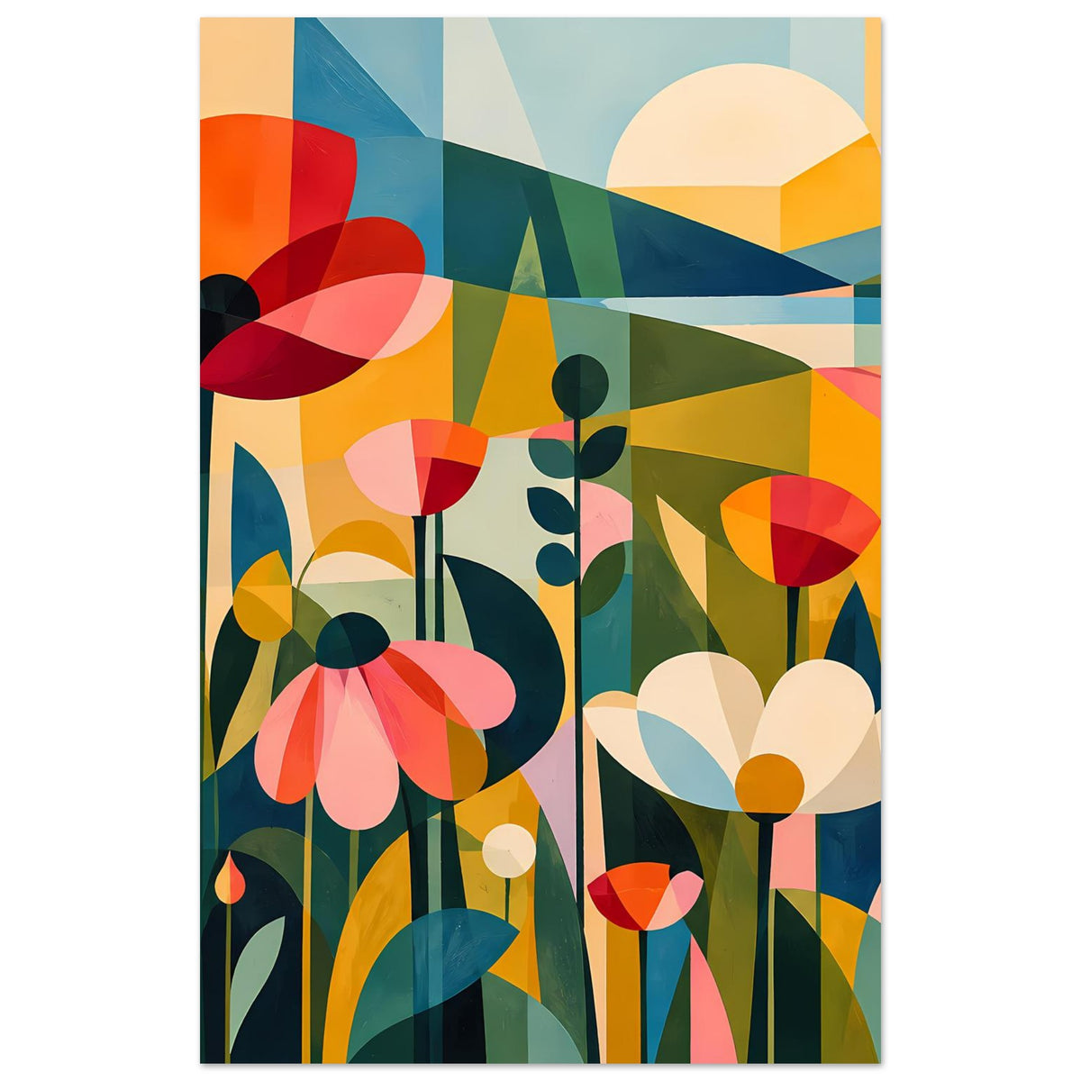 Abstraktes Blumenposter im Hochformat: bunte Blüten, gestapelte Farbflächen und Sonne