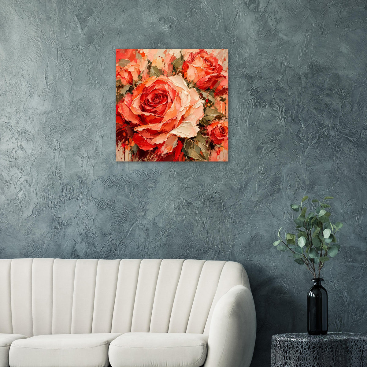 Wandposter mit Rosenbouquet im Vintage-Look: rote Rosen, beige Akzente, abstrakt