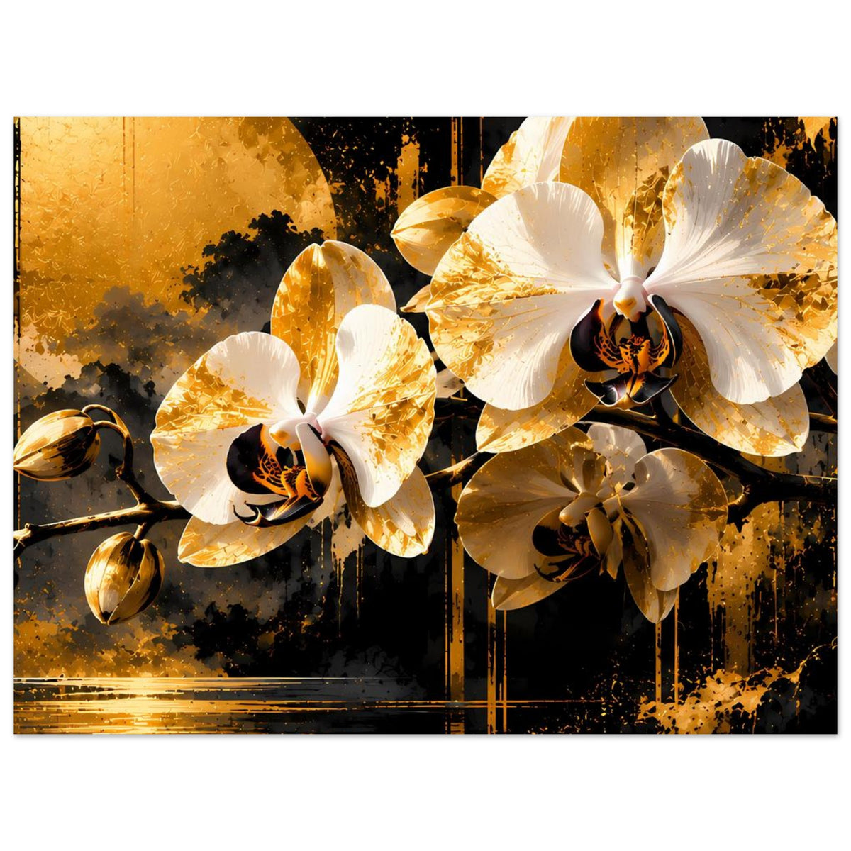 Blumenposter mit weißen und goldenen Orchideenblüten, großflächiges Motiv