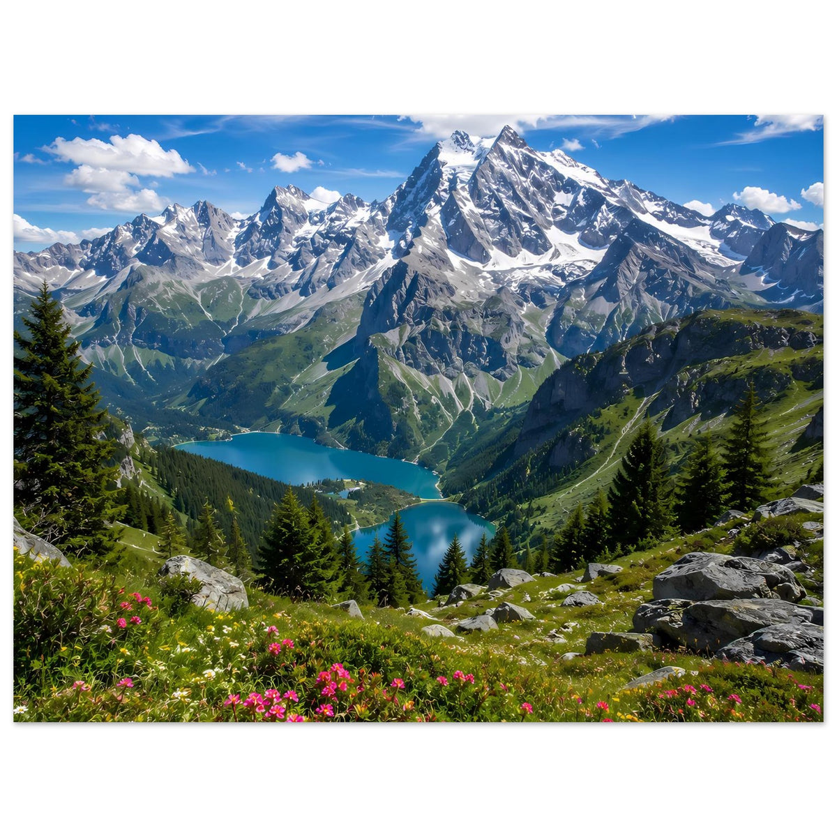 Alpenposter mit schneebedeckten Bergen, Tal und See, Blumenwiese, Hochformat