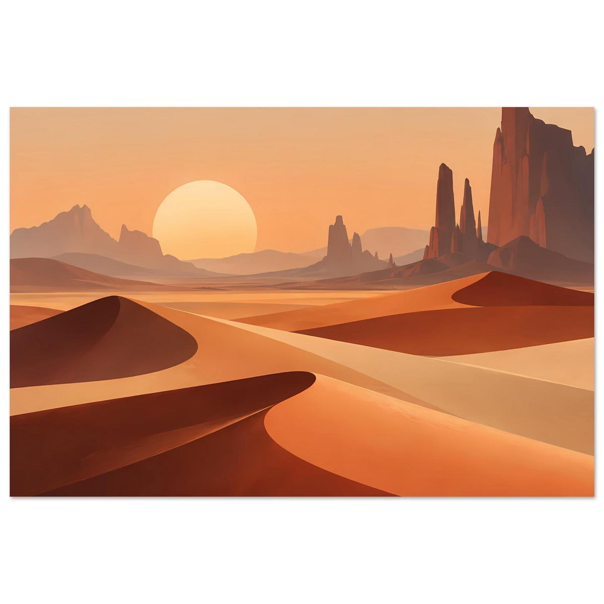 Horizontales Poster mit Wüstendünen: orange Sonnenuntergang, helle Sandflächen und Schattenlinien.