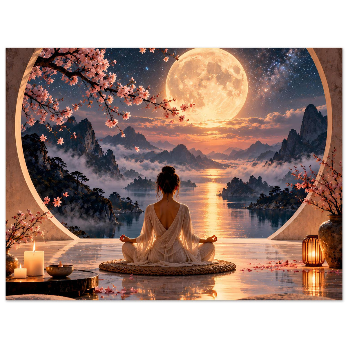 Meditationsposter mit Vollmond: Meditierende Person auf Kissen, Kirschblüten, Kerze und Laterne