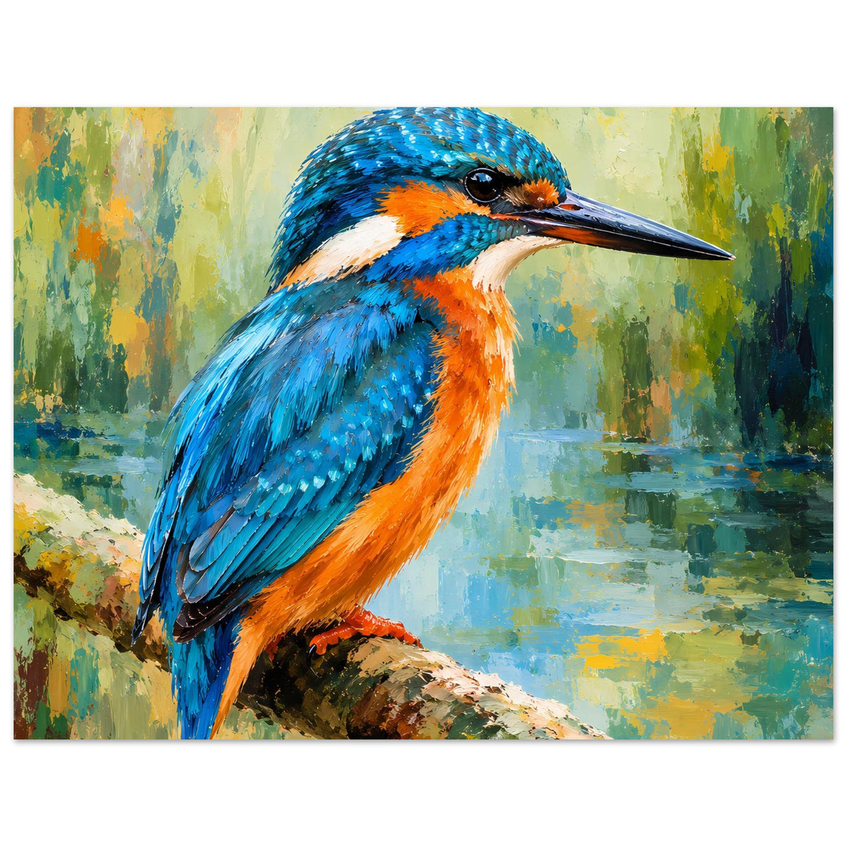 Poster mit Eisvogel, großes Motiv mit blauem Rücken und orangefarbener Brust, auf matte Papierleinwand