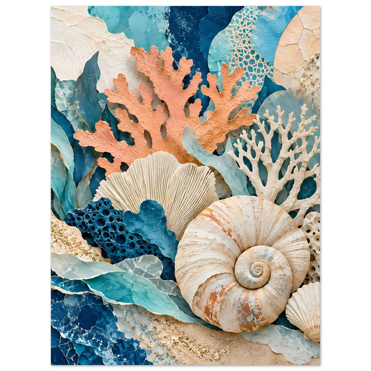 Meerestief-Poster mit Korallen- und Muschelmotiven in Blau- und Erdtönen, hochformat