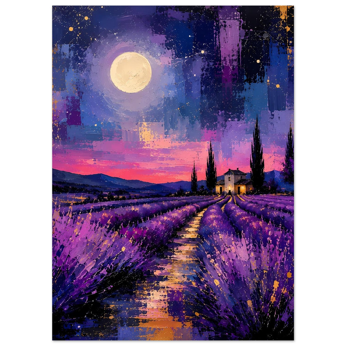 Poster mit lila Lavendelfeldweg, Vollmond und pink-violetter Dämmerung