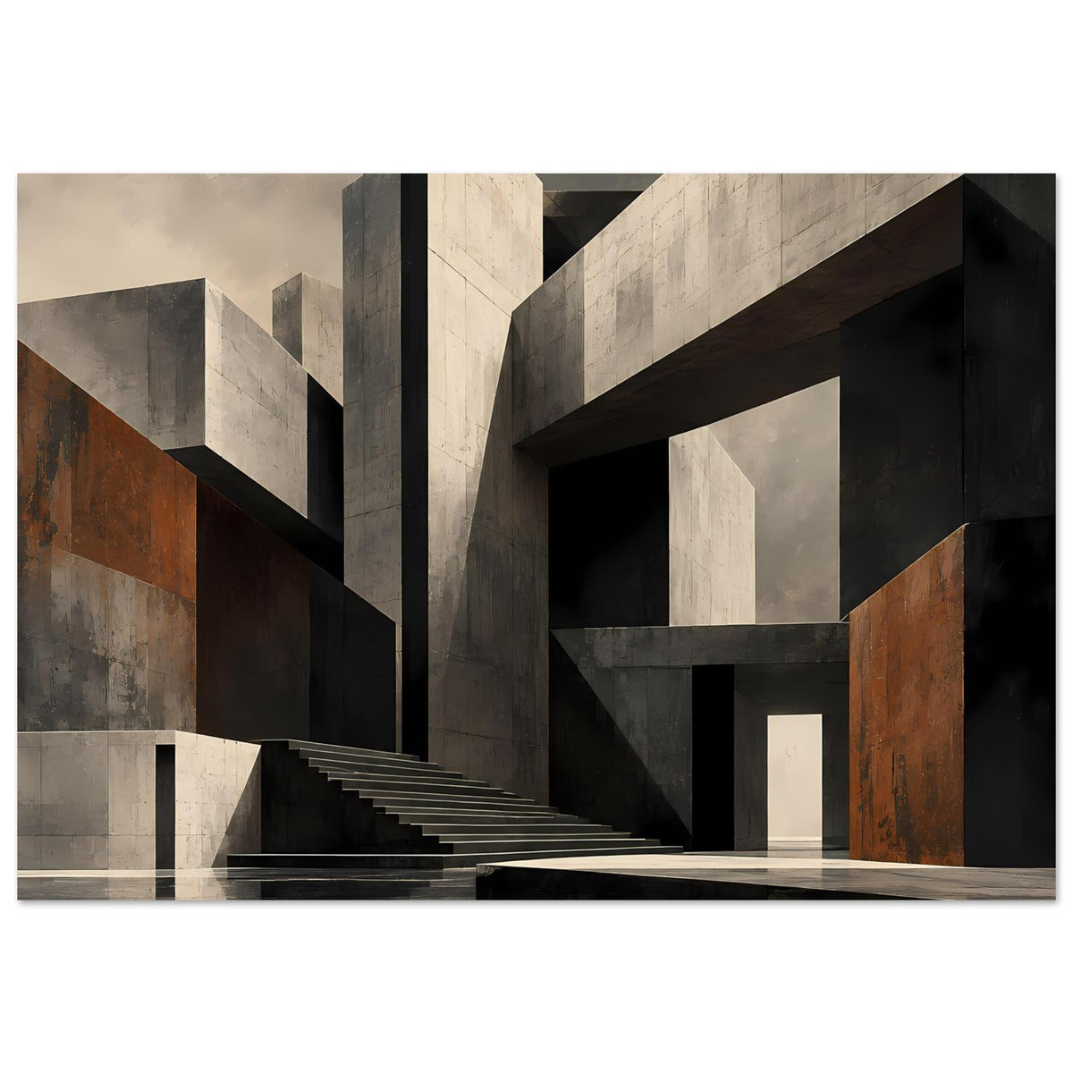 Gerahmtes Architekturposter mit großer Treppe und Blockarchitektur, neutral, Rostakzente