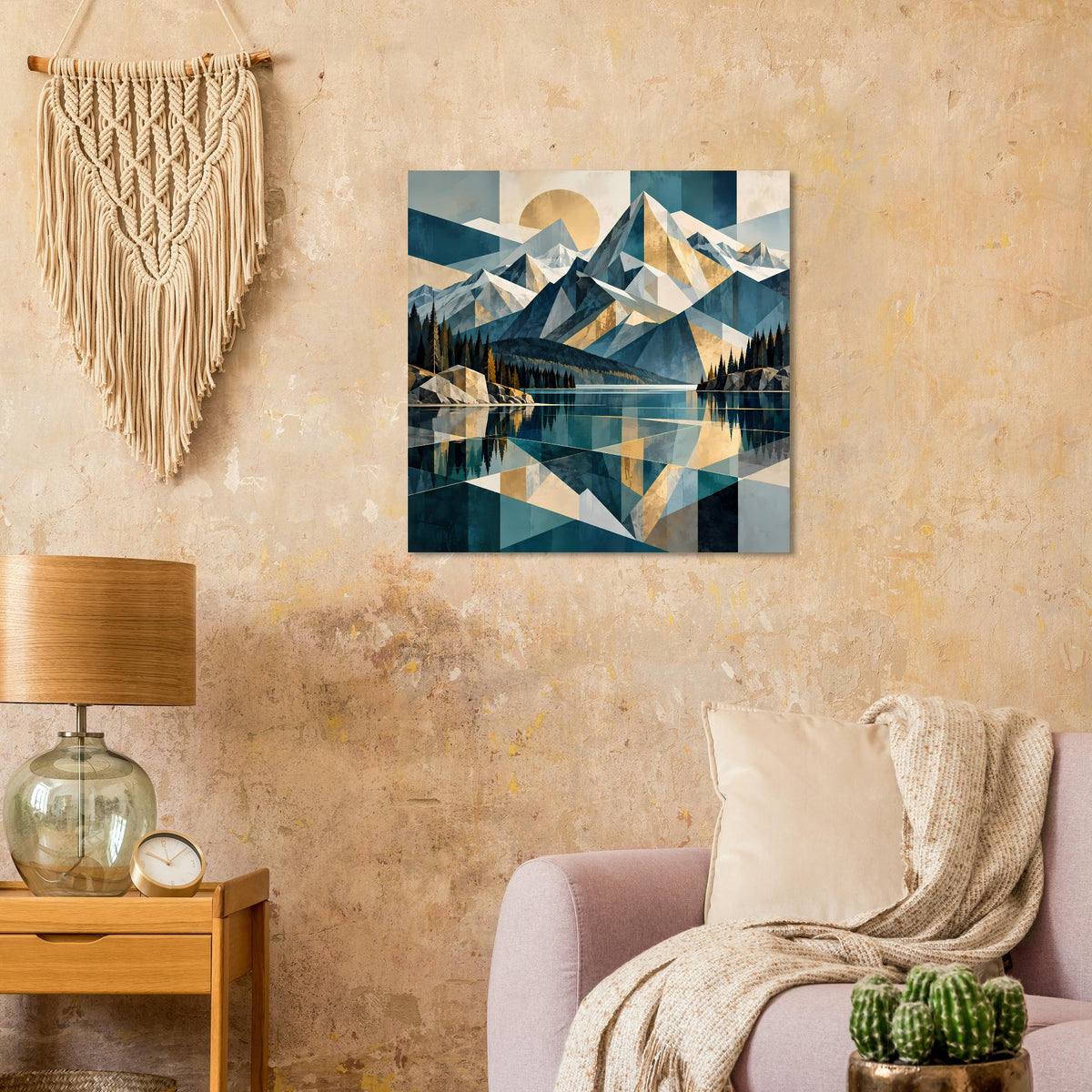 Quadratisches Poster mit geometrischen Bergen und See-Reflexion in Blau und Beige.
