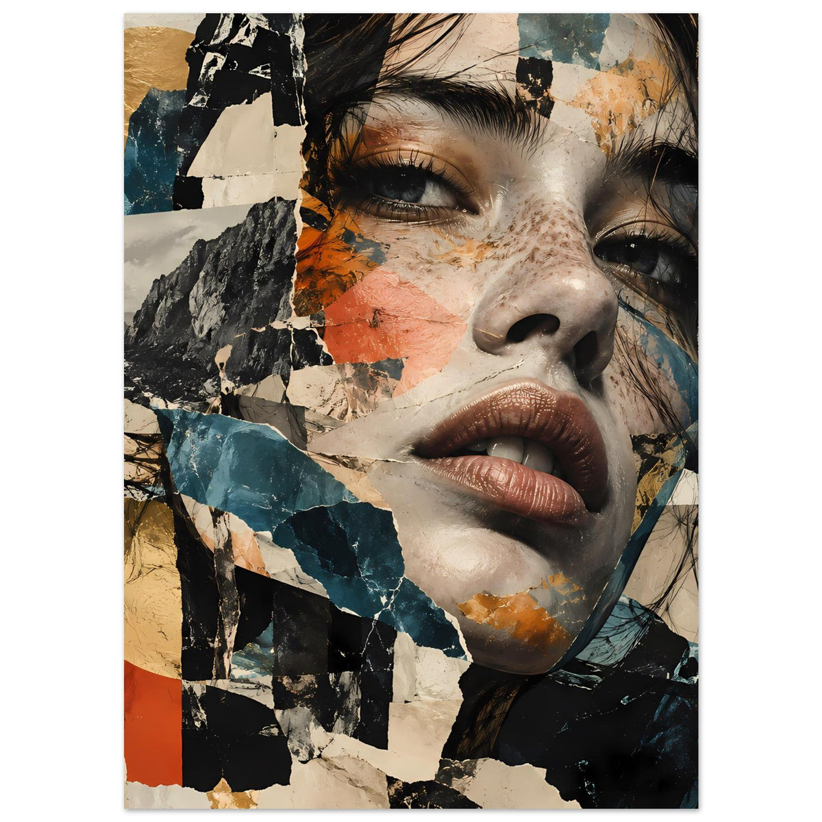 Abstraktes Collage-Porträtposter mit weiblichem Gesicht, Terrakotta und Blau, Hochformat.