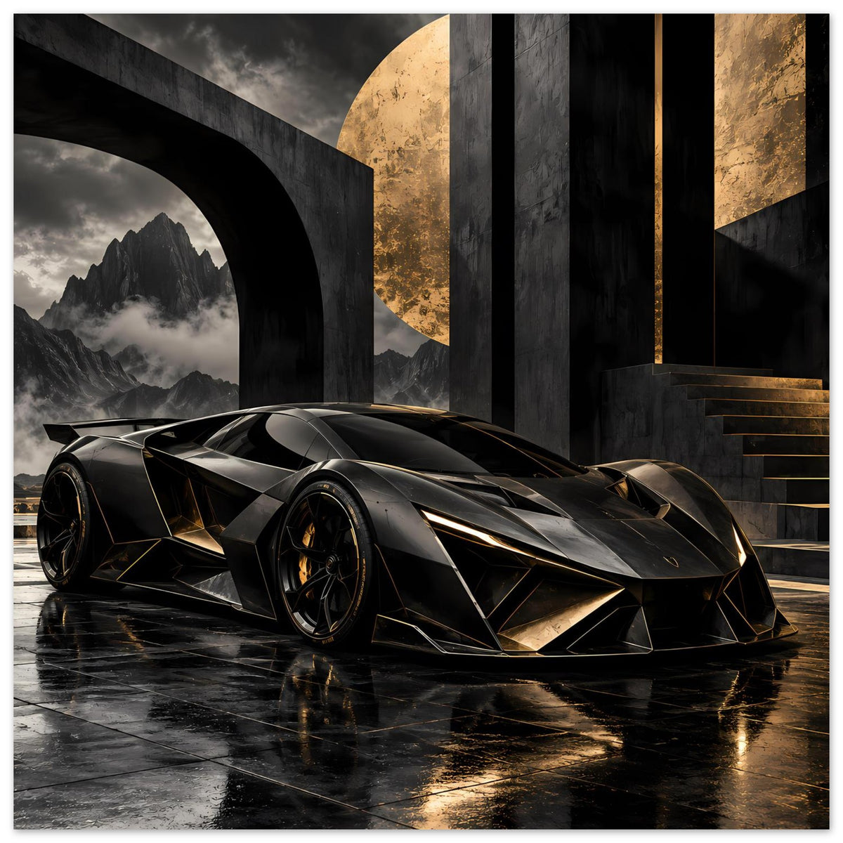 Autoposter-Poster: futuristischer Supersportwagen in Schwarz/Gold, scharfe Kanten, Front-3/4