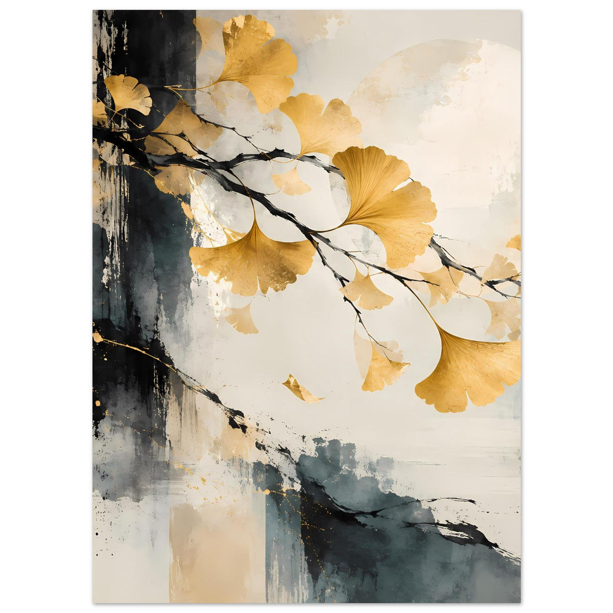 Kunst-Poster mit goldenen Ginkgoblättern, schwarzer Verzweigung und abstraktem Aquarell in Blau