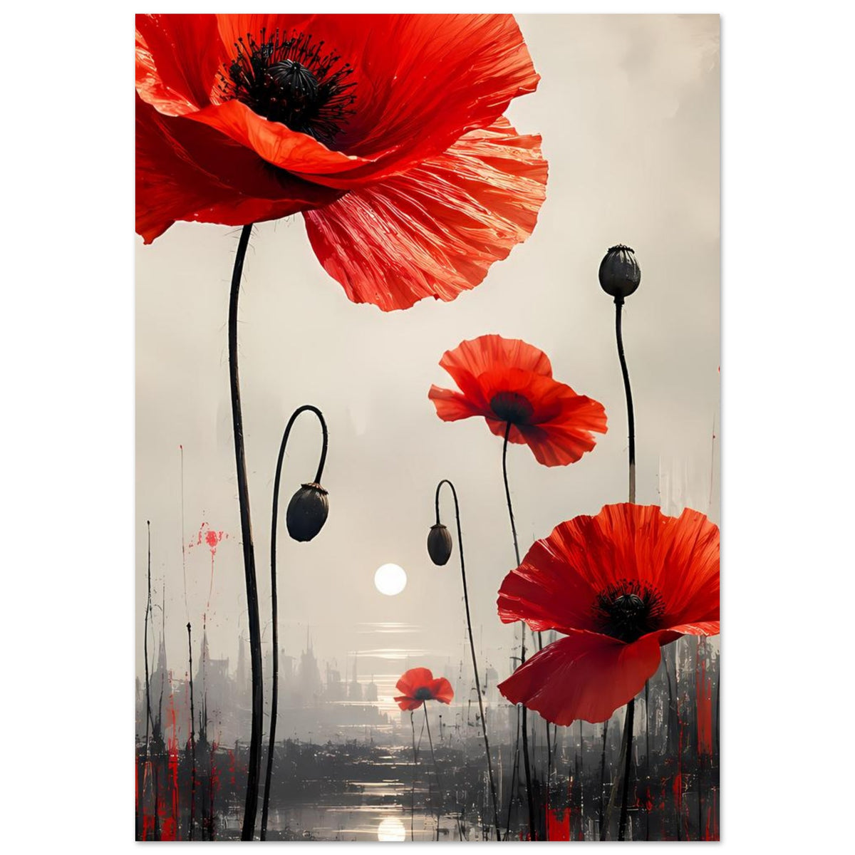 Poster mit roten Mohnblumen, großen Blüten rechts und schwarzen Stielen