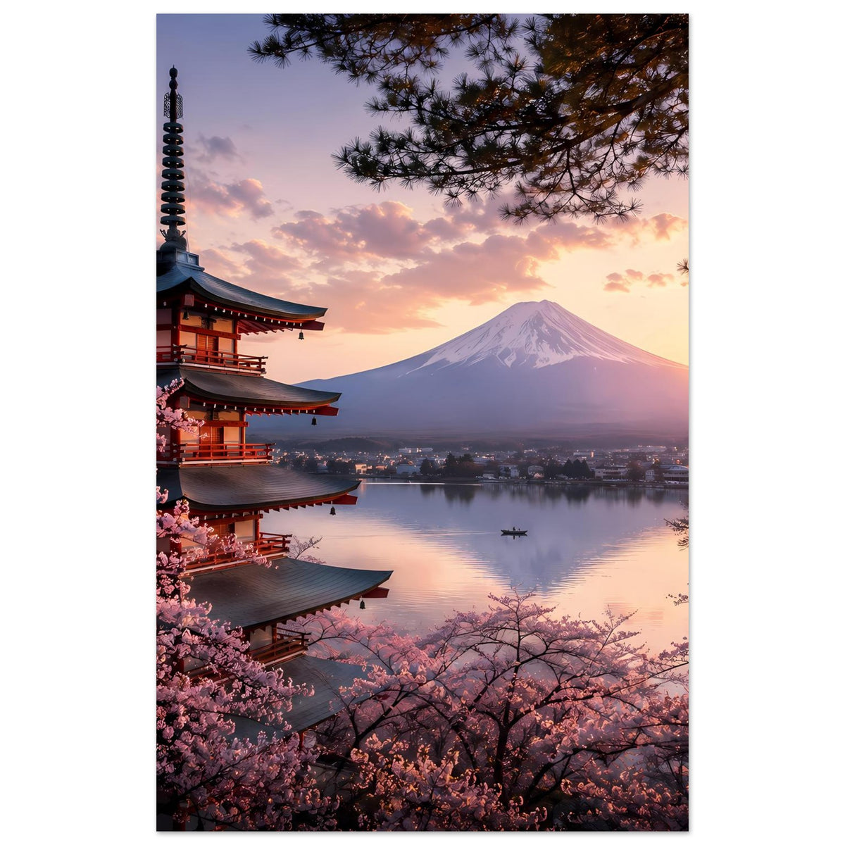 Vertikales Poster: Pagode links, Berg Fuji im Dunst, See und Kirschblüten im Vordergrund