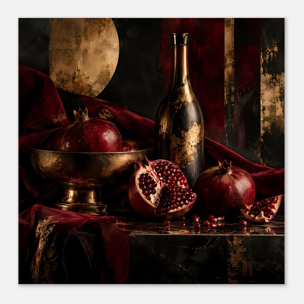 Poster mit Granatapfel-Stillleben: rote Früchte, Flasche und goldene Schale