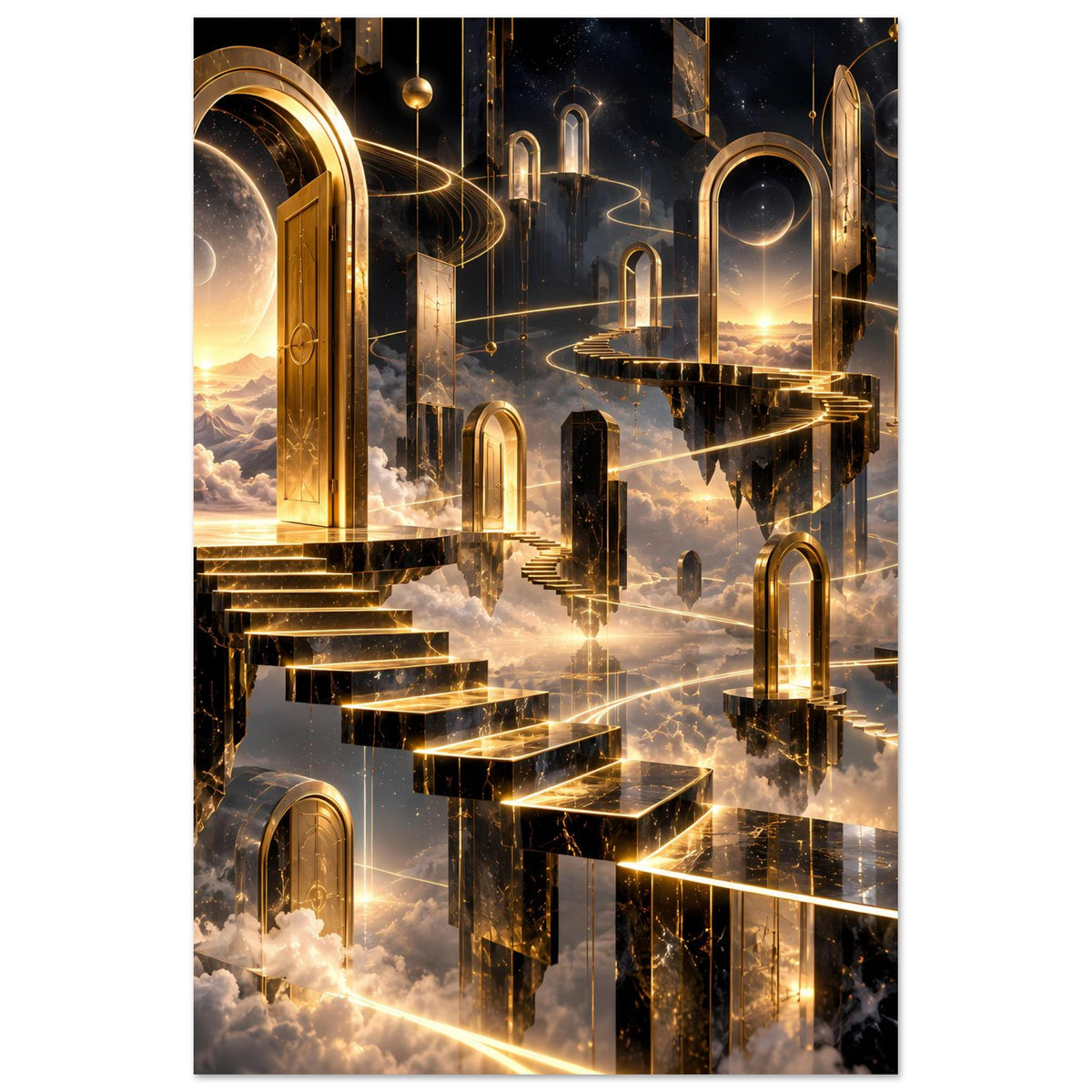 Premium-Poster im Hochformat: goldene Portale, schwebende Plattform und Wolkenlandschaft