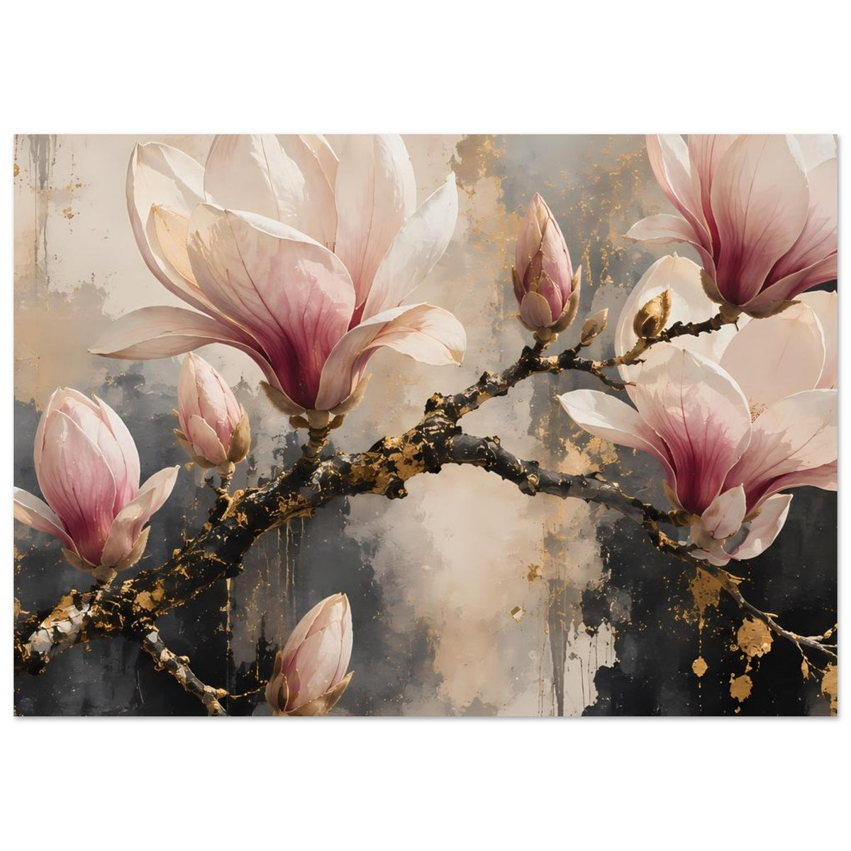 Magnolienblüten-Poster mit breiter Darstellung: rosa-weiße Blüten am goldfarbenen Ast