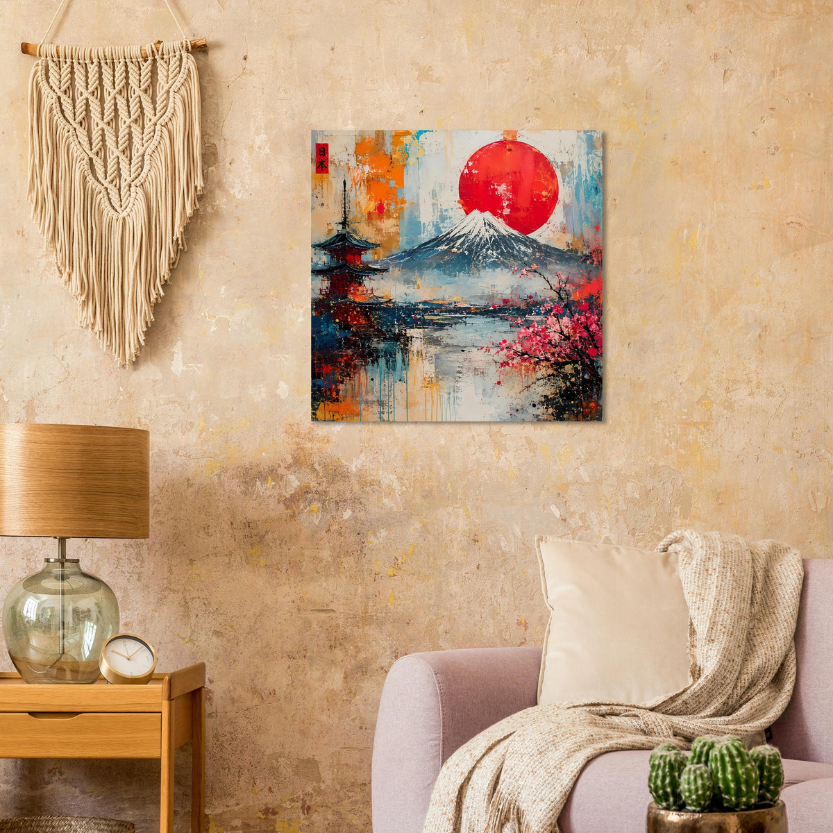 Quadratisches Wandposter mit Fuji und rotem Sonnenball, von Kirschblüten gesäumt.