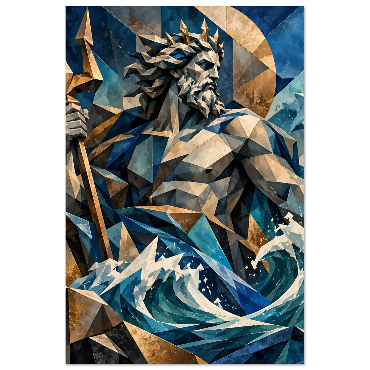 Mythologie-Poster im Hochformat: polygonaler Poseidon, Ozeanblau, Goldring und Wasserwirbel