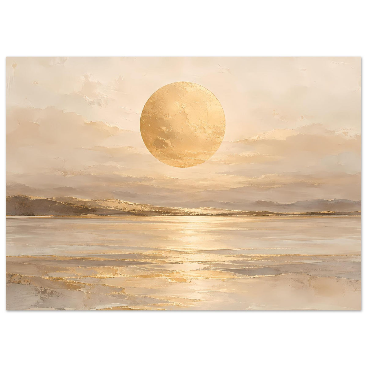 Querformat-Kunstposter mit beigem Sonnenkreis, Landschaftshorizont und goldenen Lichtreflexen