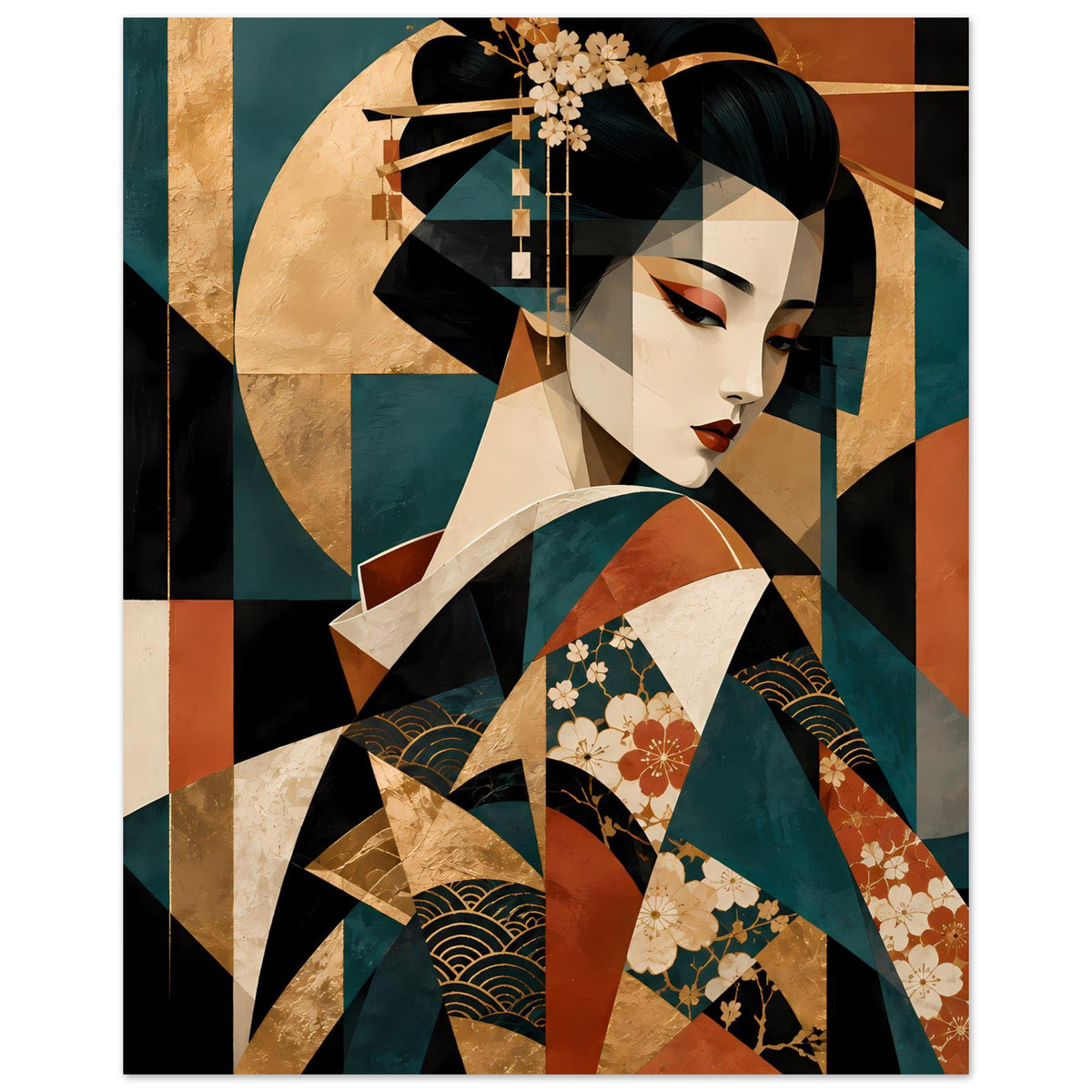 Kunstposter mit Geisha im Profil, Kimono mit Streifen, Wellen und Blumen in Türkis und Gold